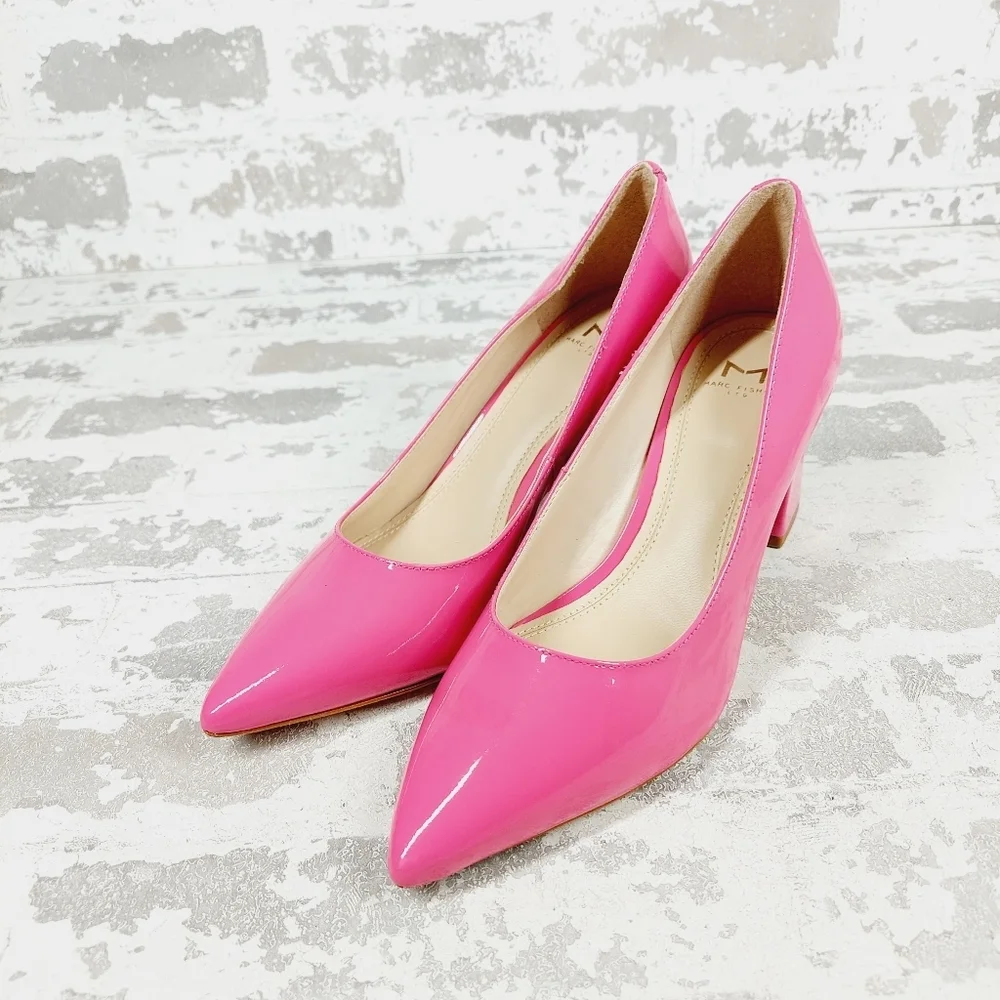 NEW Marc Fisher Zala Pink Patent Leather Block Heel Pointed Toe Heels W619 - Picture 2 of 14